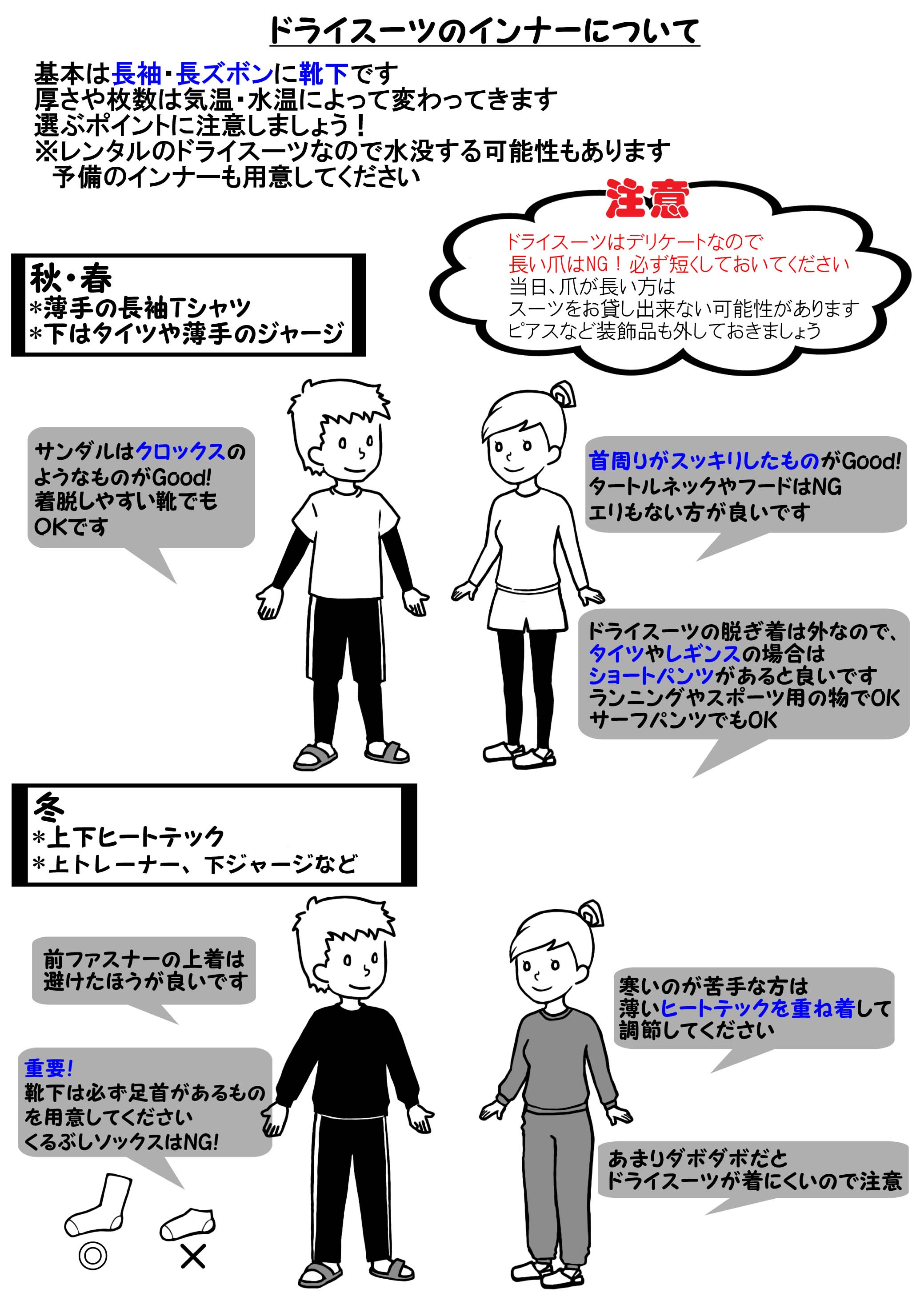 ドライスーツの中に着るインナー、秋用、冬用、注意点など